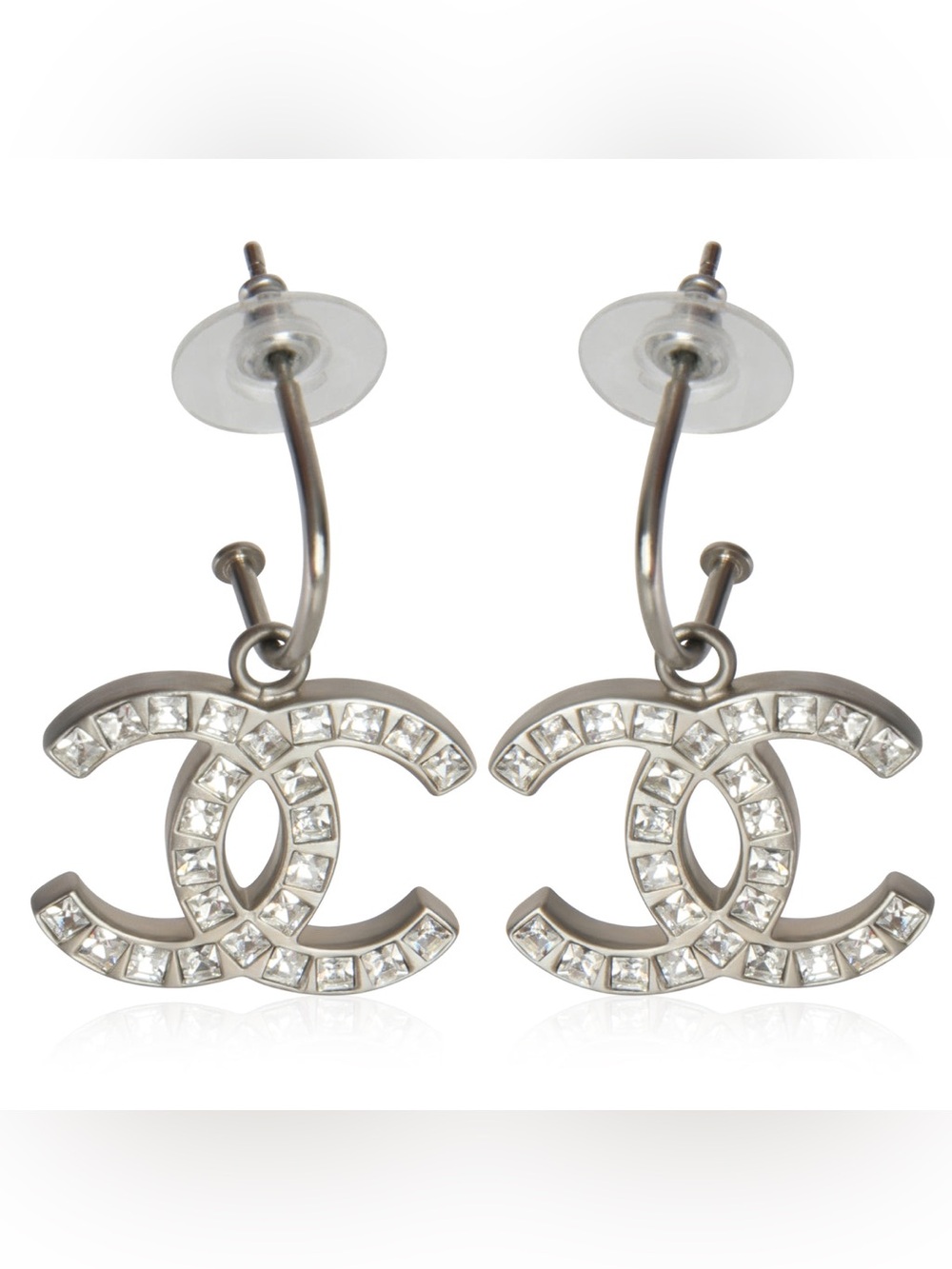 CHANEL 2009 Strass Crystal CC Logo Hoop Earrings